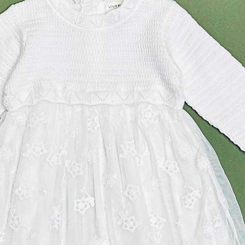 Milan White Floral Embroidered Tutu Knit Baby Dress Organic