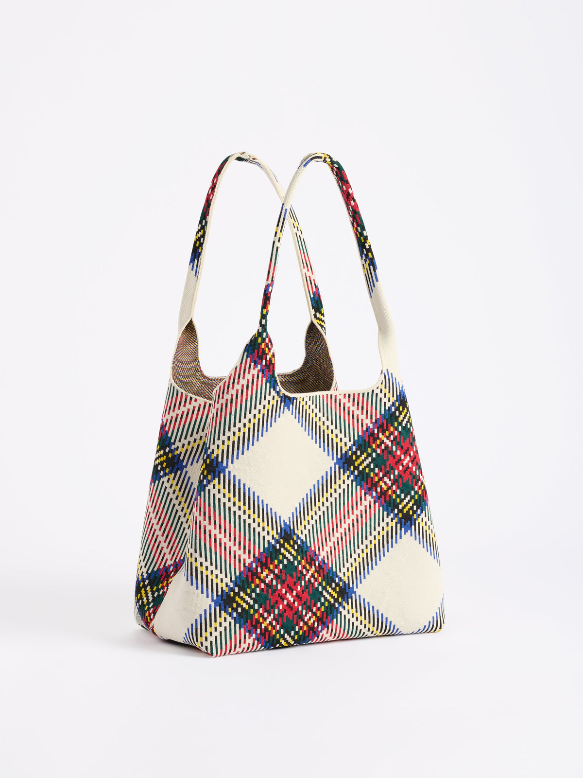 Robbie Plaid Knit Tote with Tie Closures, Ivory, An ivory knit tote with a bold diagonal plaid in red, green, blue and yellow, a cream tie at each side and a matching zip pouch.