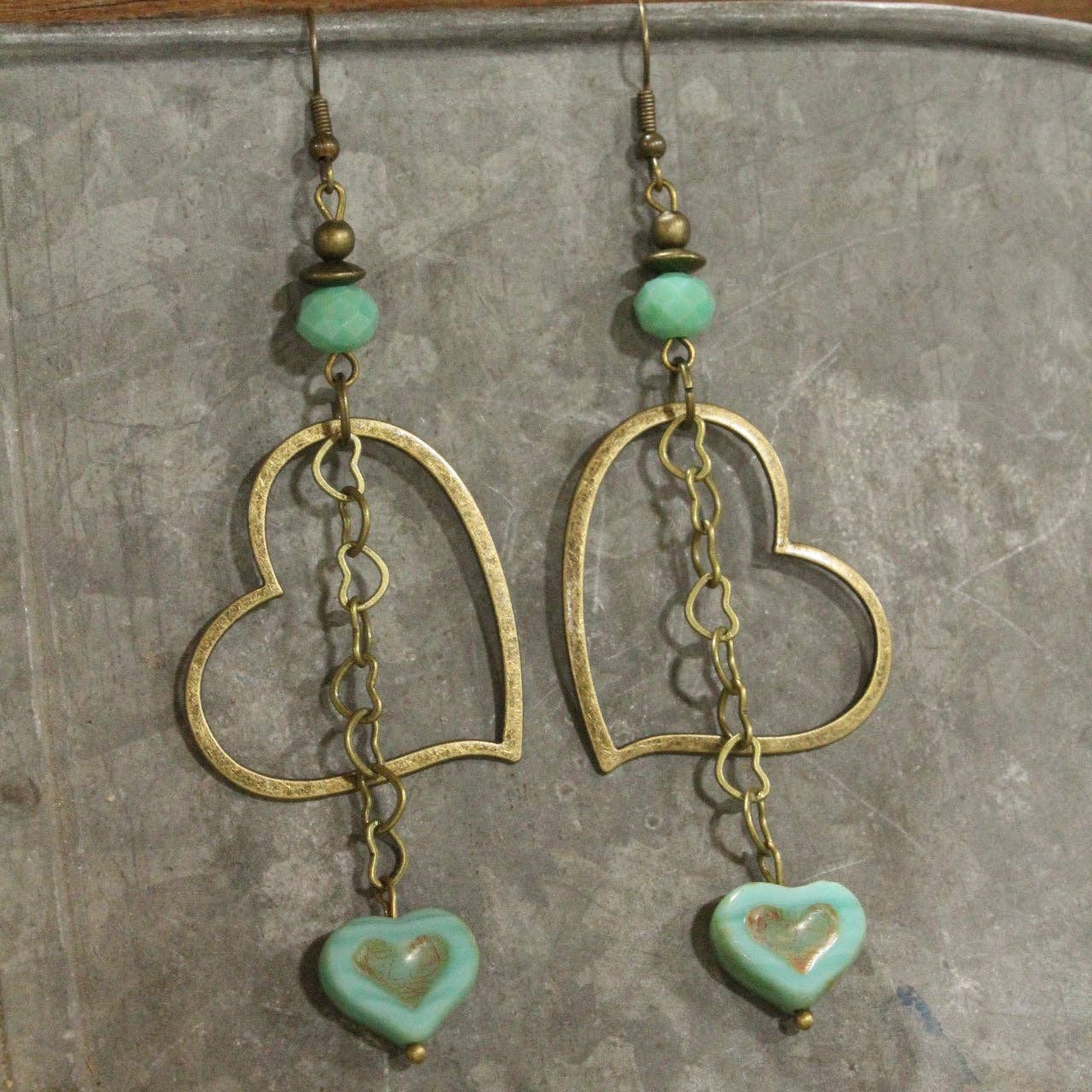 Turquoise Czech Heart Dangle Earrings