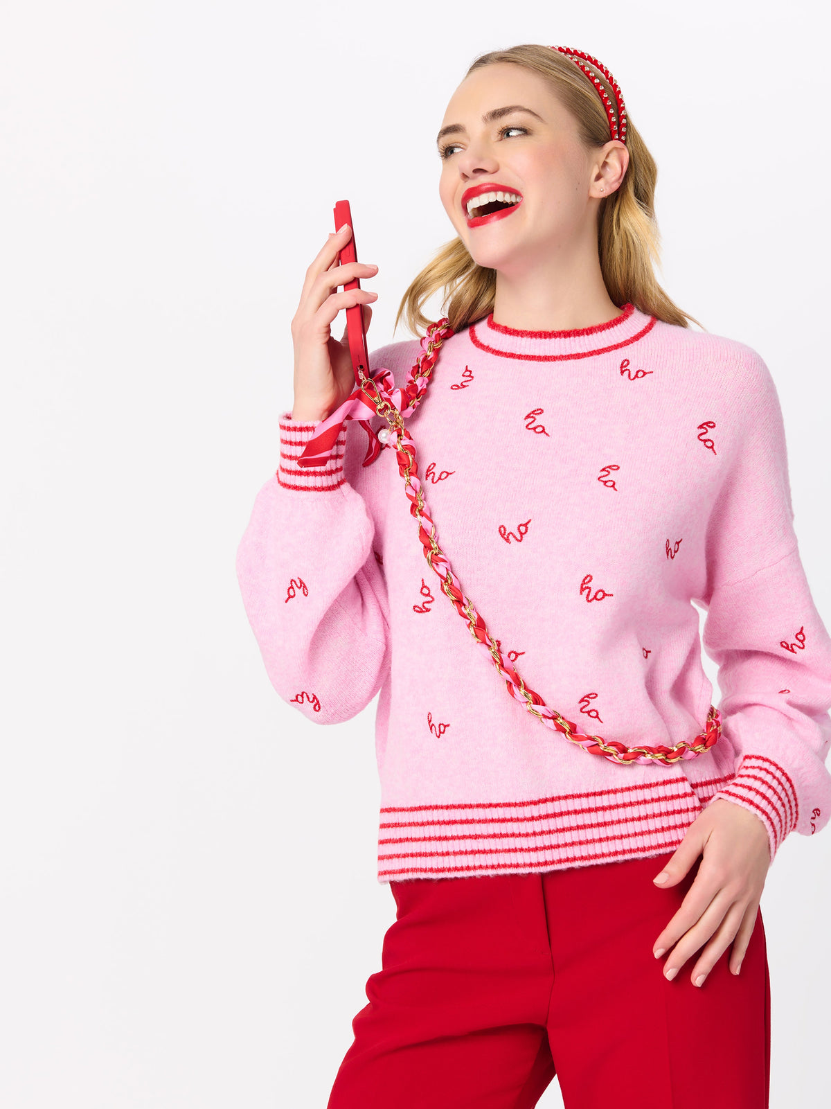 Cross-Body Phone Chain with Scarf Bow and Gold-Tone Chain, shown in a styled setting
