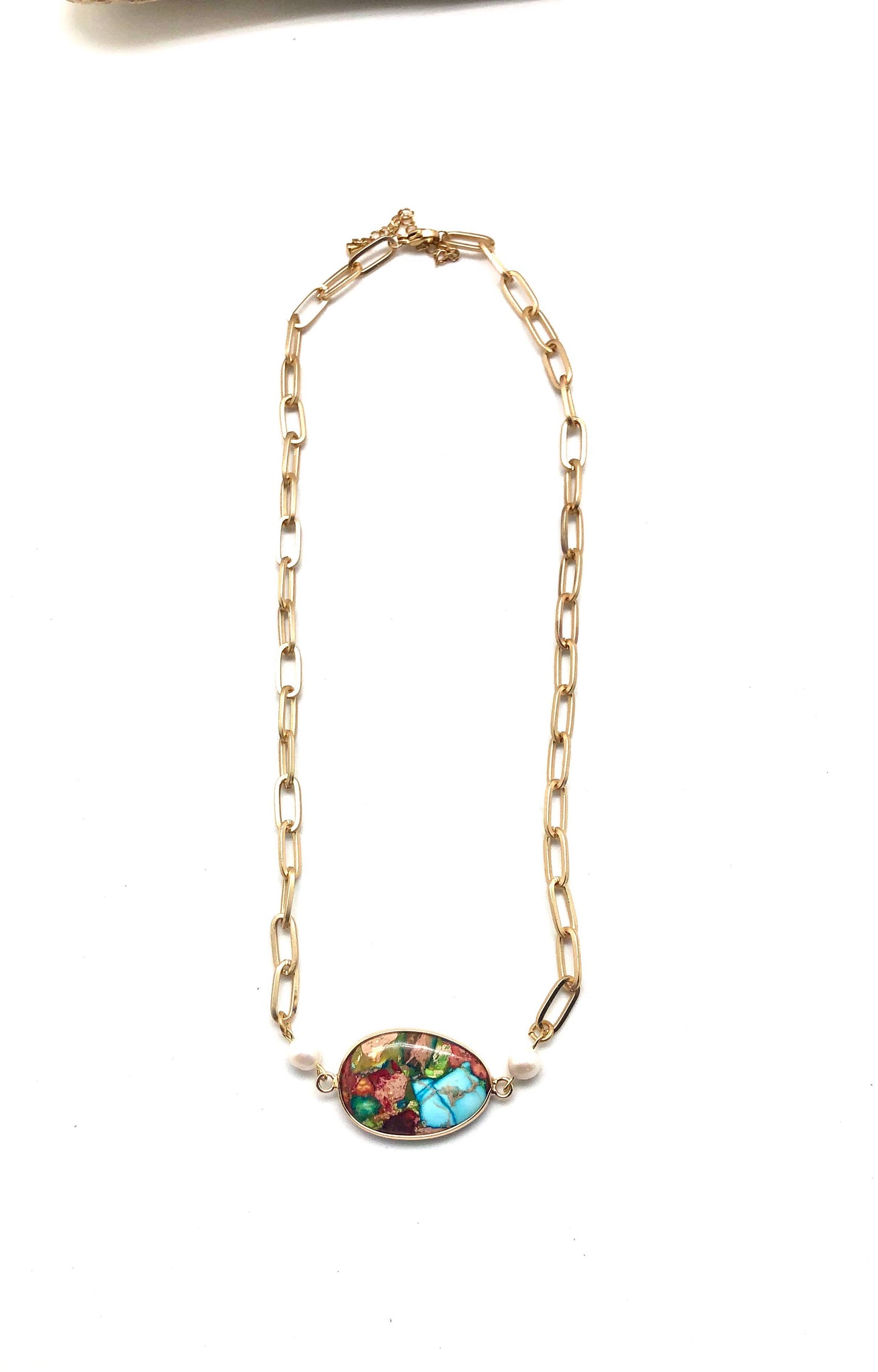 Necklace Matte Paper Clip Chainw/Jasper w/FreshwaterPearl18”