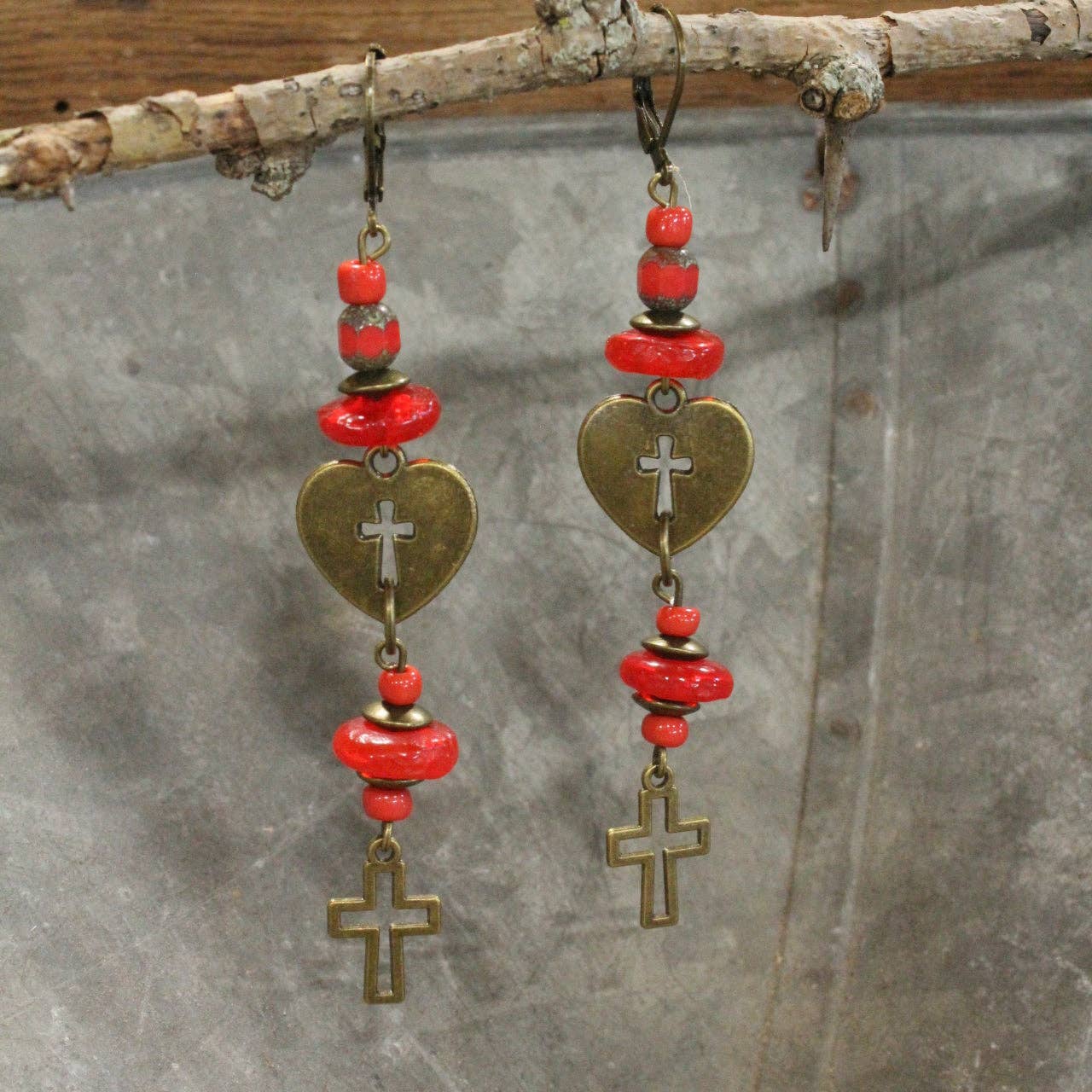 Falling Bronze Heart & Cross Dangle Earrings
