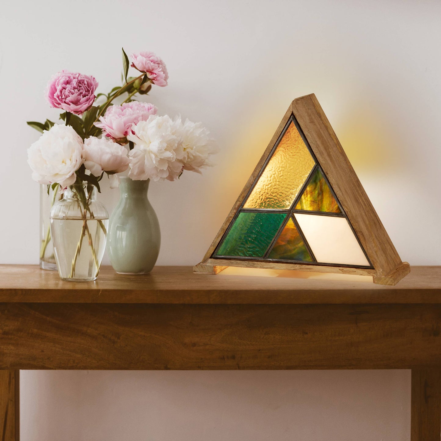 11"H Stained Glass Triangle Shade Wood Base Accent Lamp