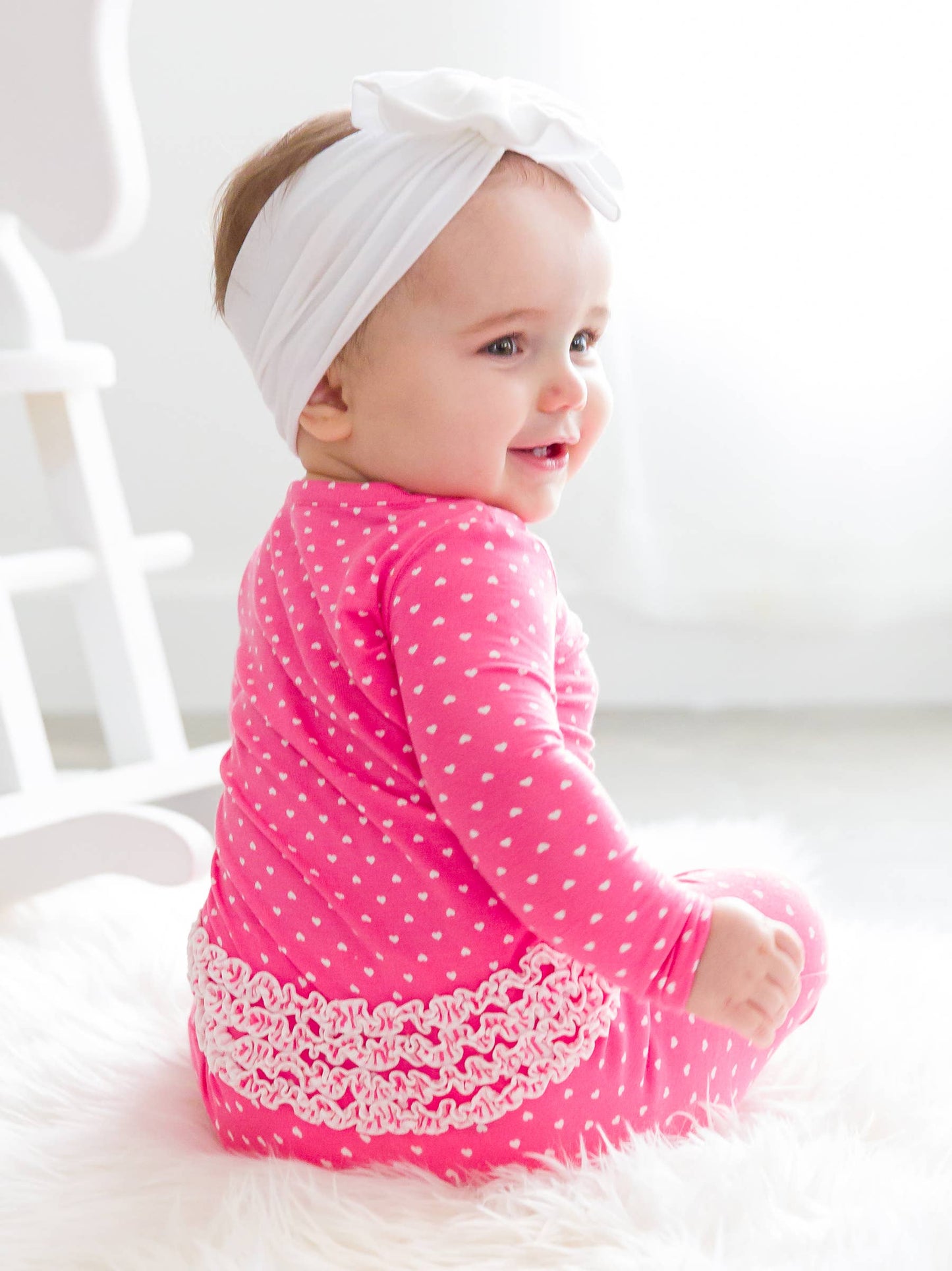 Baby Girls Hot Pink Hearts Polka Dot Bamboo Viscose Footed Ruffle One Piece Pajama