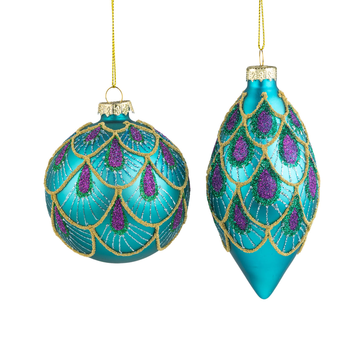 Assorted glass ornament teal w/ peacock glitter