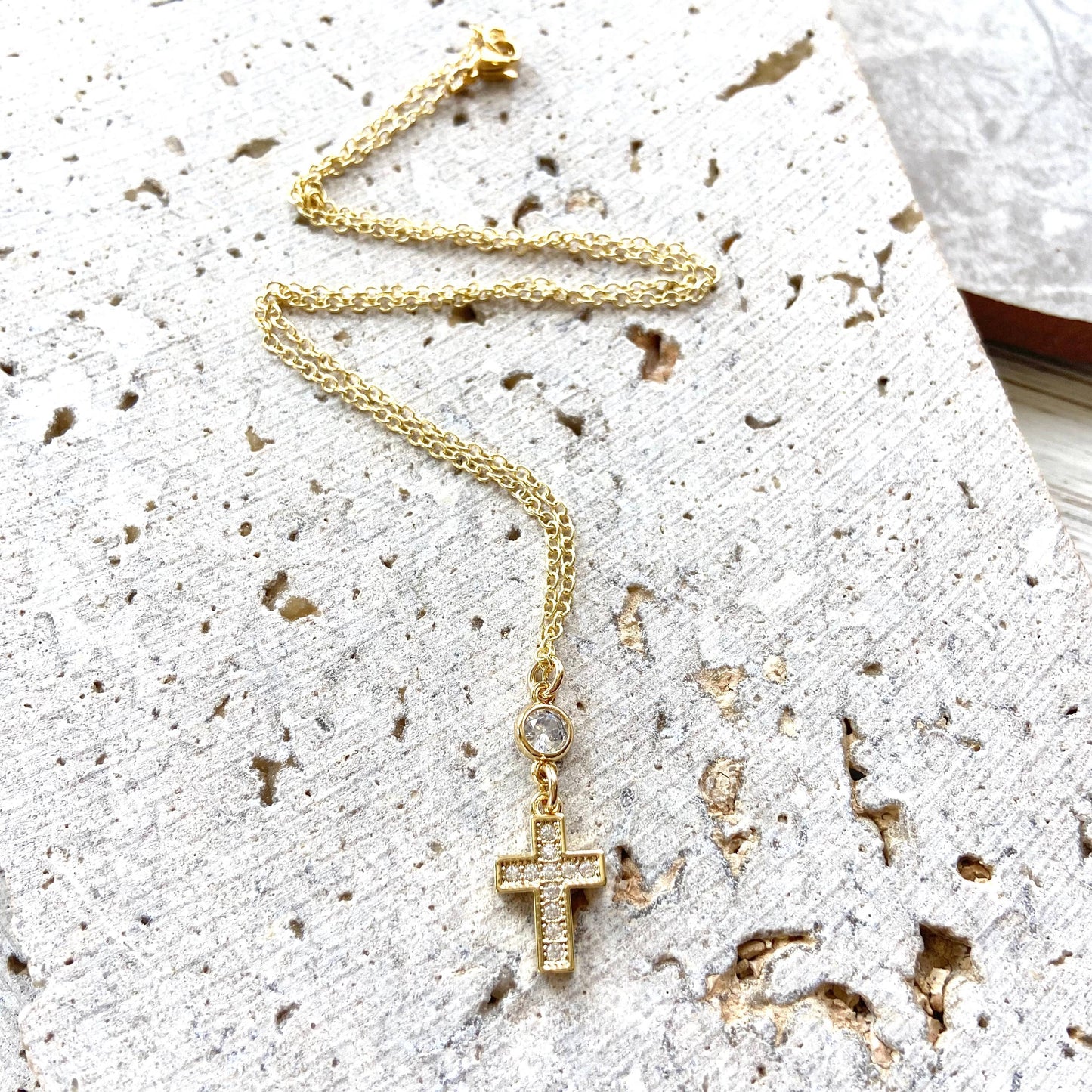 Gold cross crystal necklace Religious jewelry