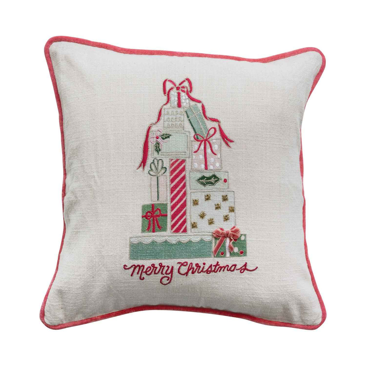 Embroidered Gifts Pillow with Velvet Back, Merry Christmas