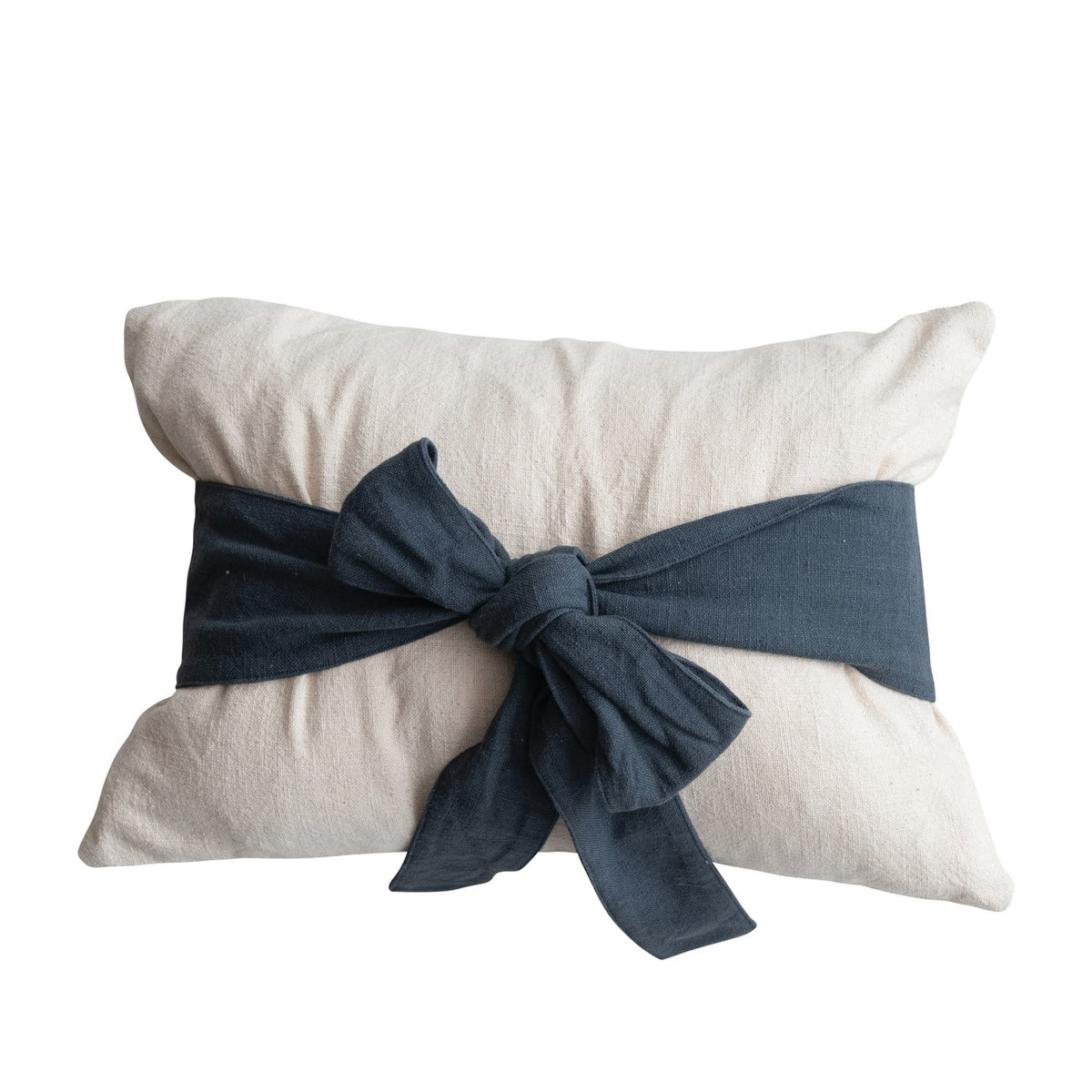 Woven Cotton Lumbar Pillow with Bow, Natural and Navy