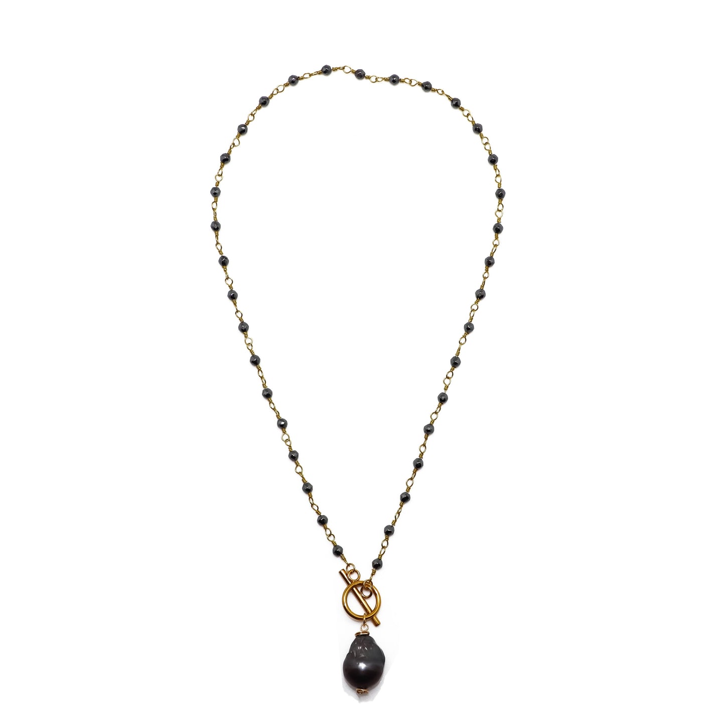Necklace Hematite3mm bead)w/Midnight BaroquePearl Drop18”