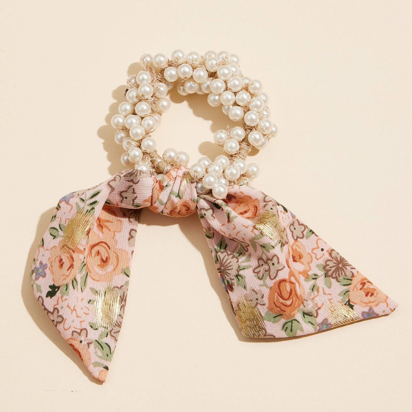 Pearl Beaded Hair Tie with Floral Scarf Accent