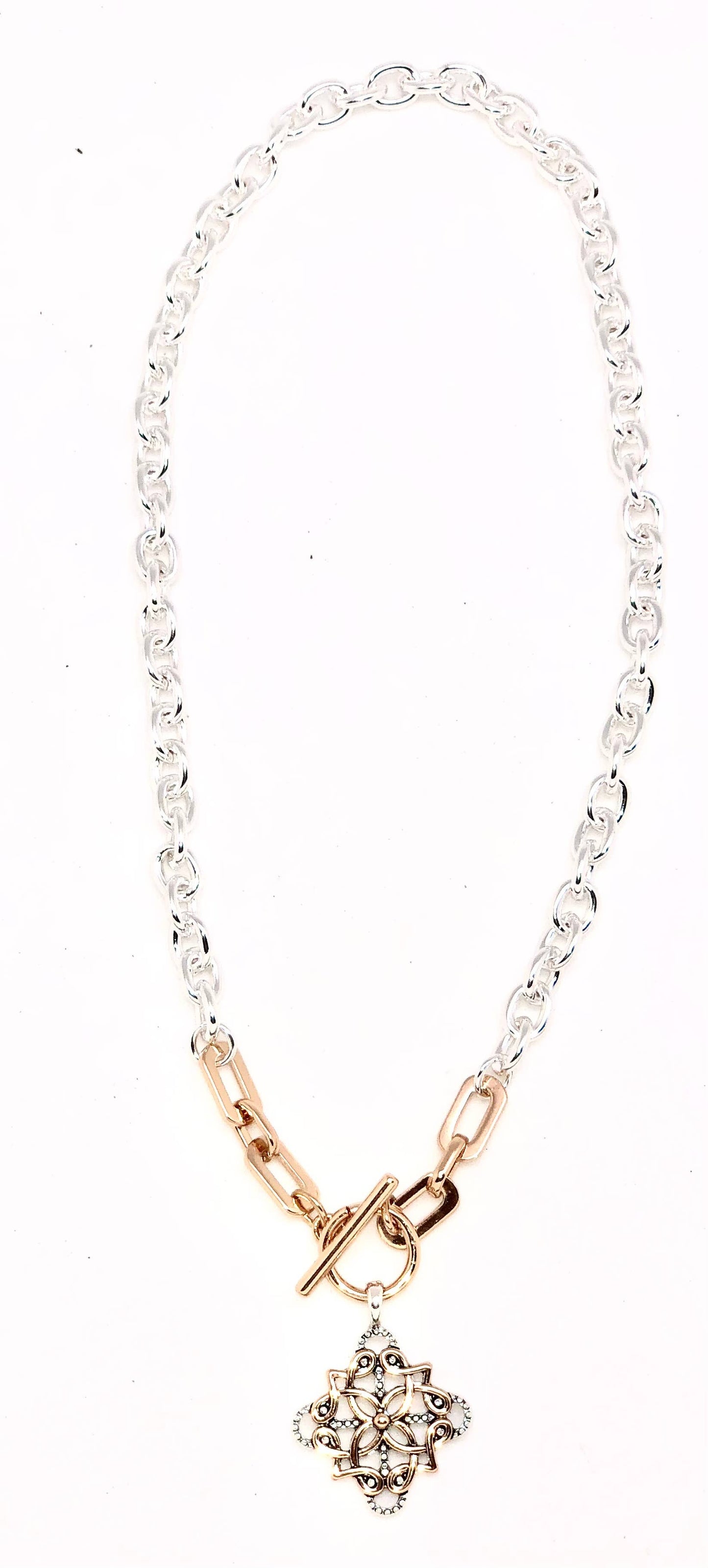Necklace Alloy Plated Link Chain with Filigree Drop 18”