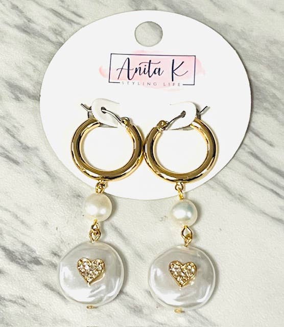 Anita K By Blushing Pink - Crystal Heart & Pearl Drop Hoop