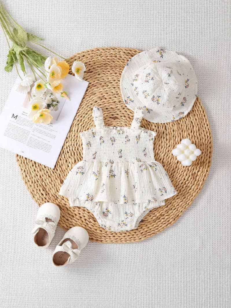 Spring Floral Smocked Ruffle Romper and Hat Set: 18M