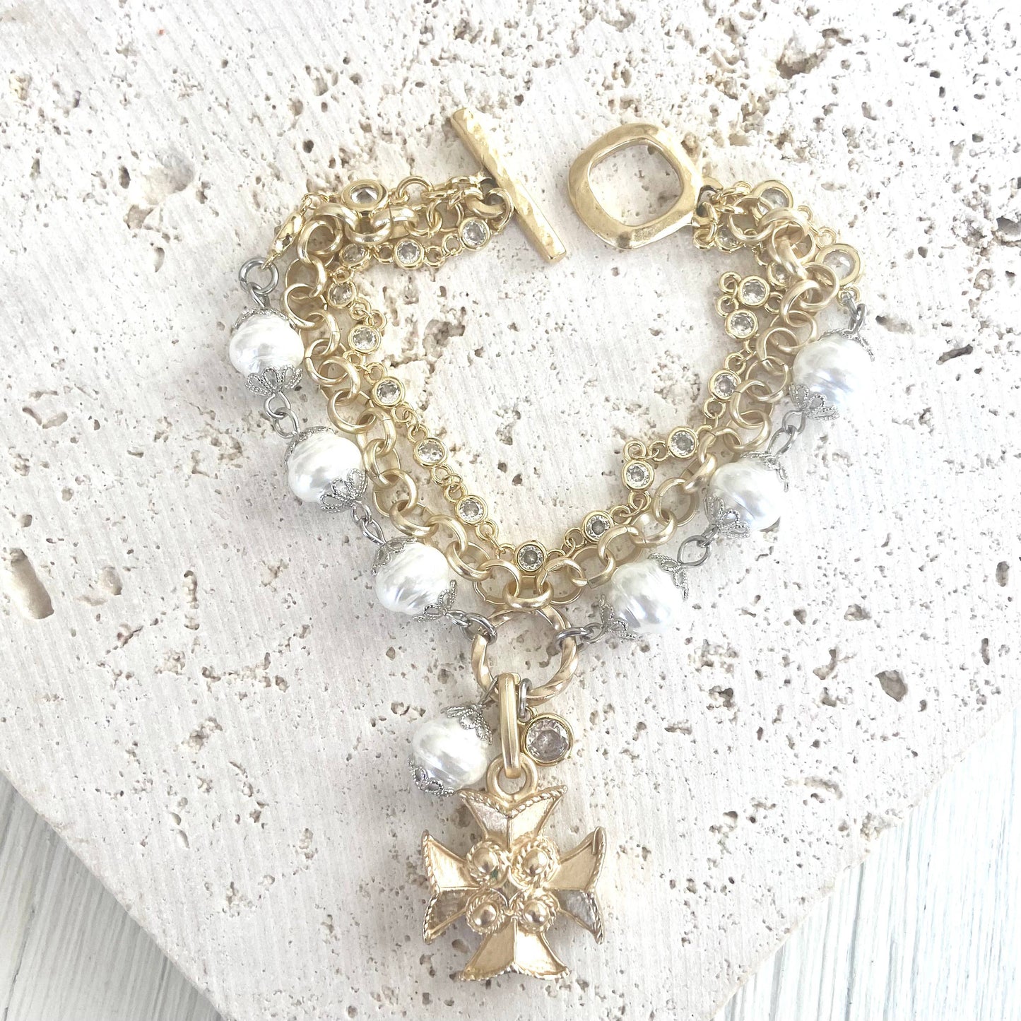 Triple layered pearl crystal bracelet vintage cross