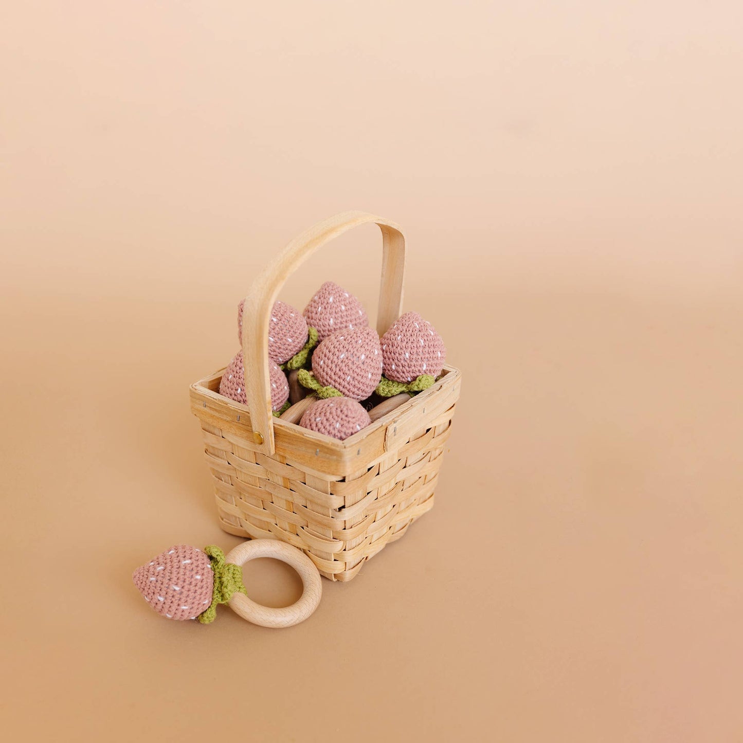 Crochet Rattle Teether Strawberry Pink Baby Toy Spring Summe