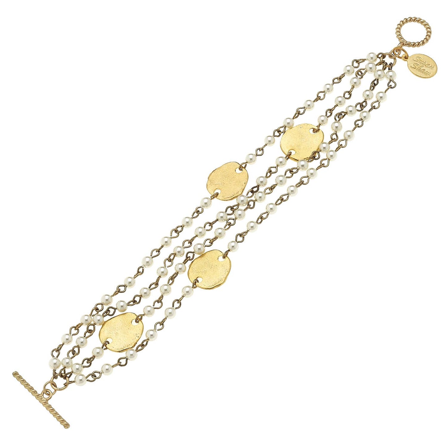 Multi-Strand Pearl and Gold Clover Bracelet