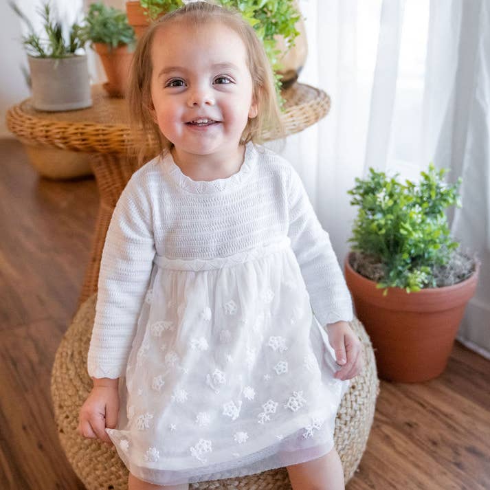 Milan White Floral Embroidered Tutu Knit Baby Dress Organic