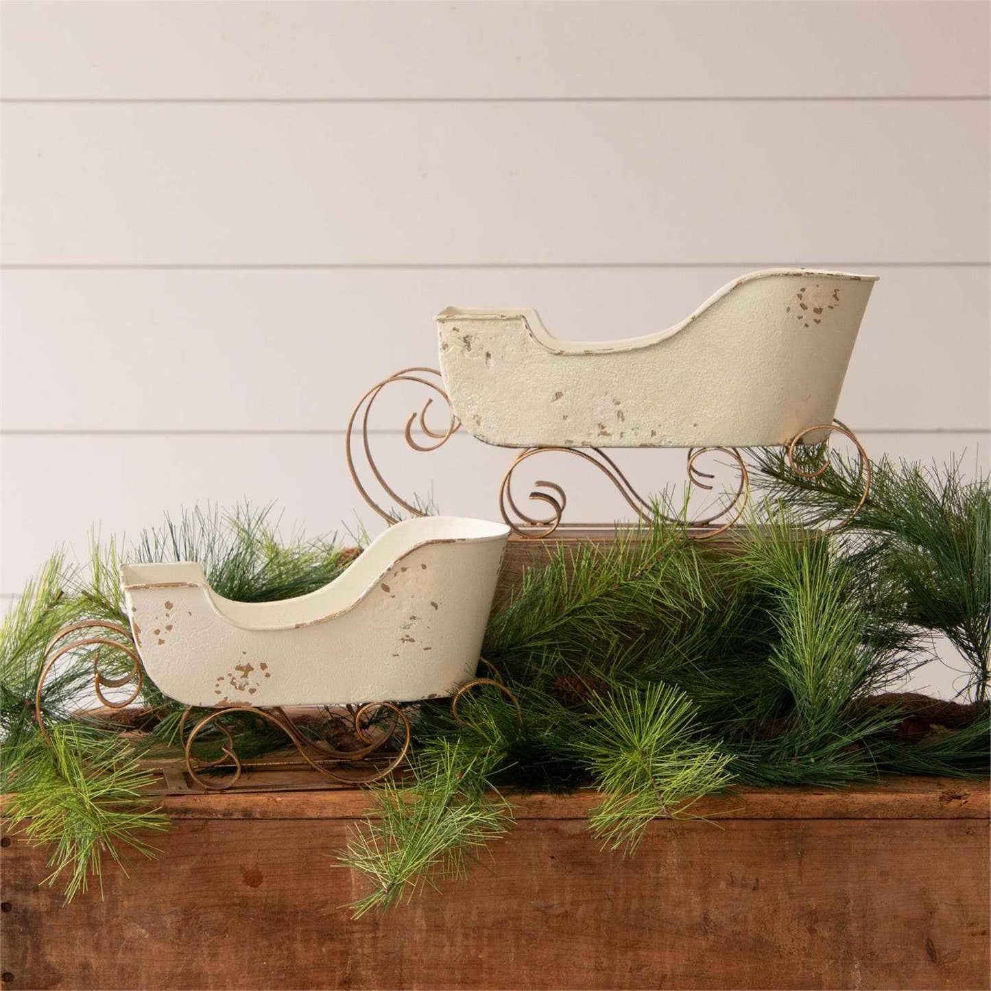 White and Gold Distressed Sleighs (Set Of 02)