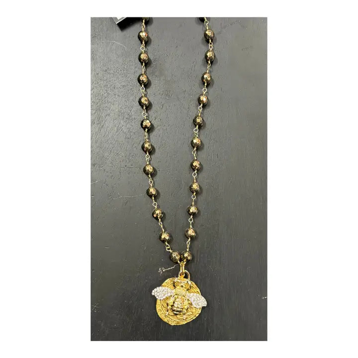 17" Pyrite Necklace with Pave' Bee