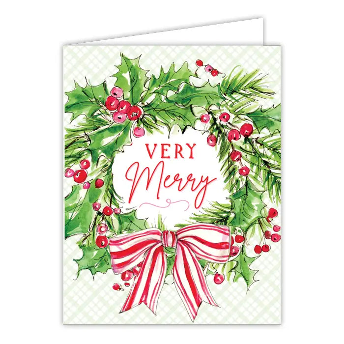 Very Merry Wreath with Striped Bow Greeting Card