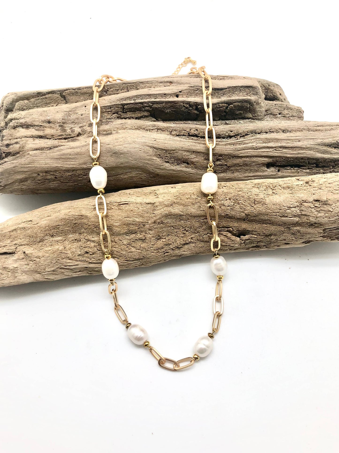 Necklace Matte Gold Paper Clip w/Freshwater Pearls18”w/2”ext