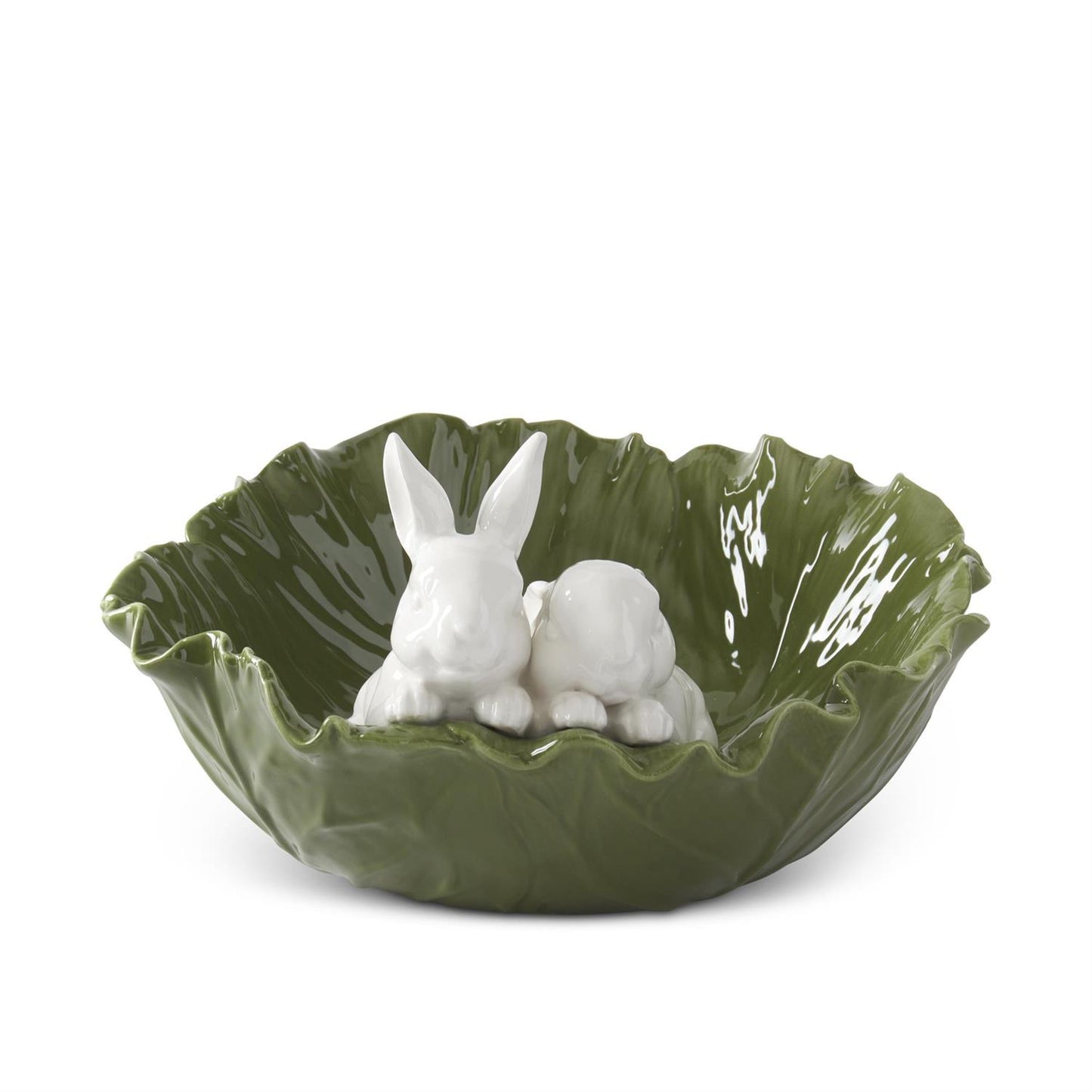 12 " White & Green Dolomite Cabbage Bowl w/Rabbits