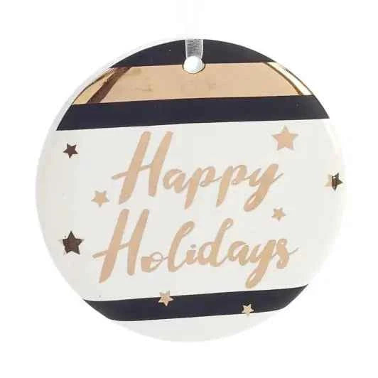 Xmas Ornament- Happy Holidays Gold/Black /white 4''