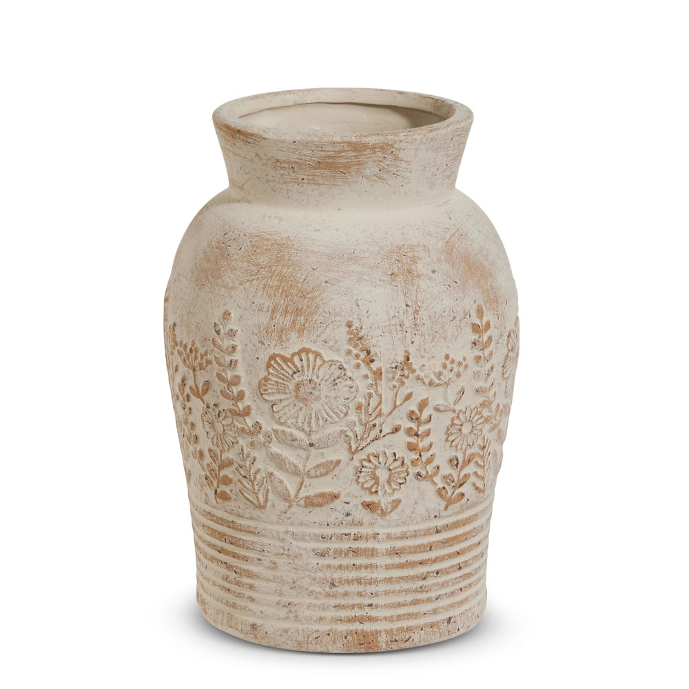 9" Whitewash Floral Embossed Vase