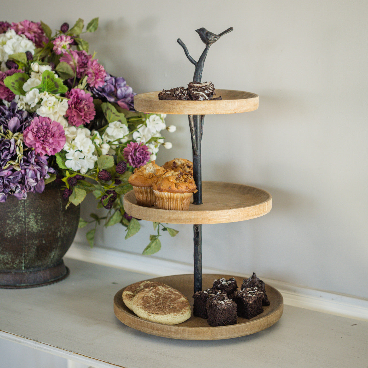 BIRD ON BRANCH THREE TIERED TRAY