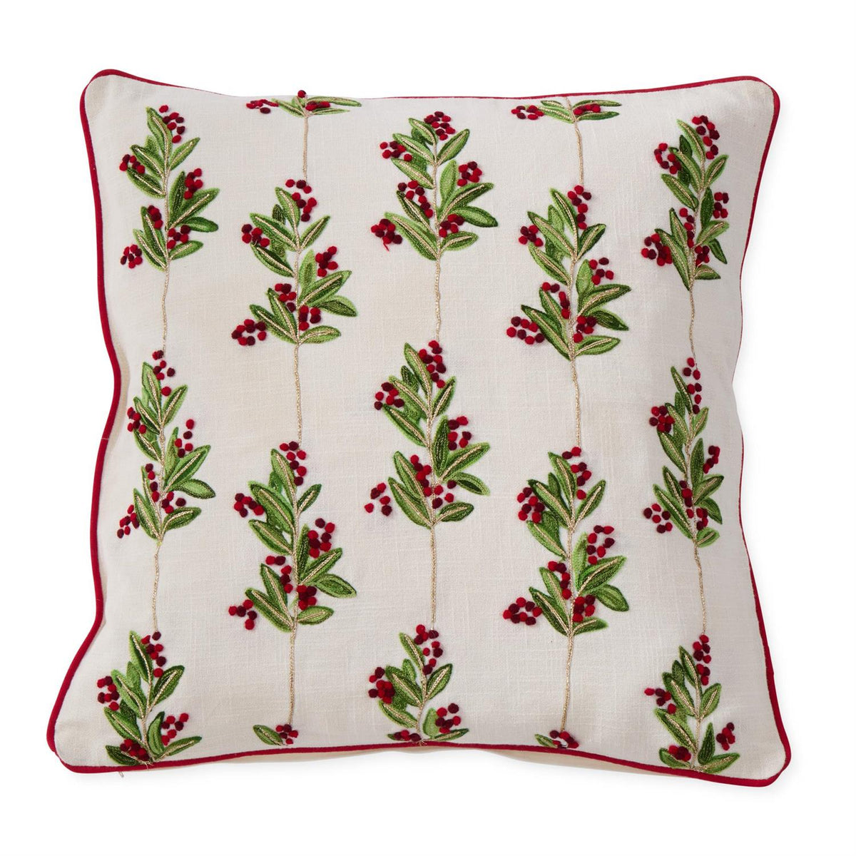 Cream Cotton Pillow w/Holly Leaves & Berries-20"
