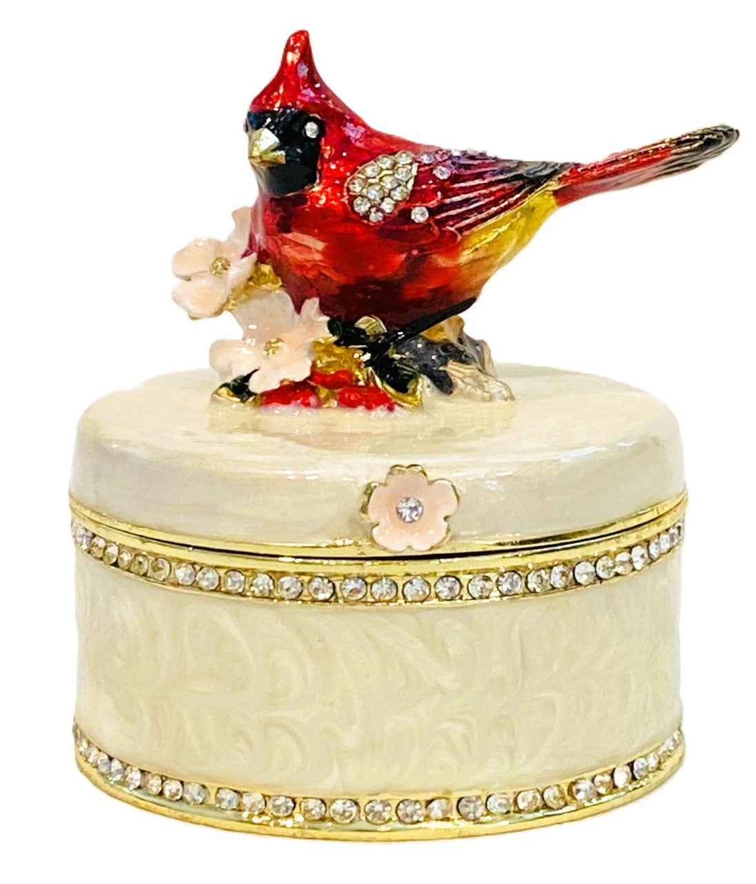 Cardinal w/ Flower Round Trinket Box