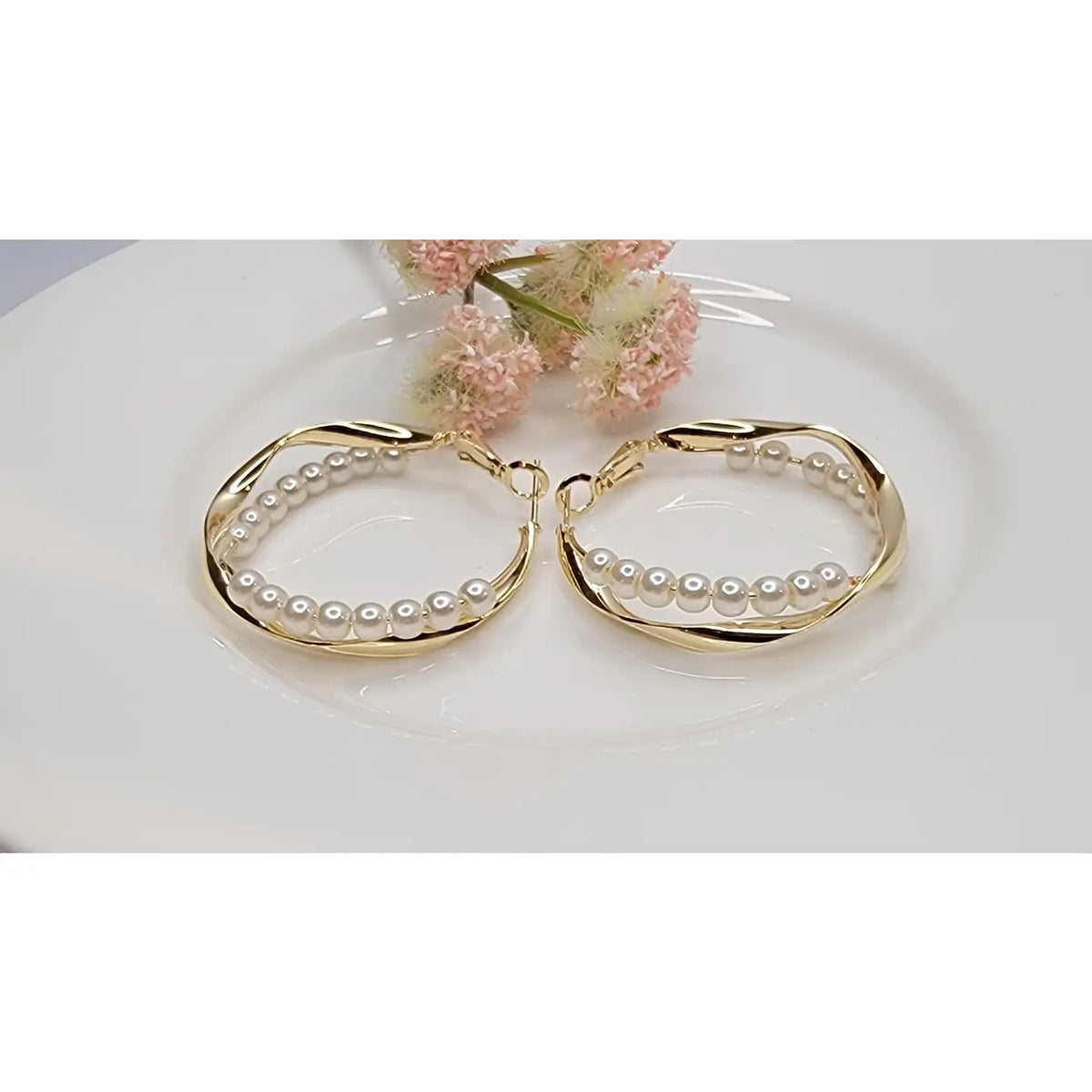Pearl Decorated Criss Cross Gold Hoop Earrings