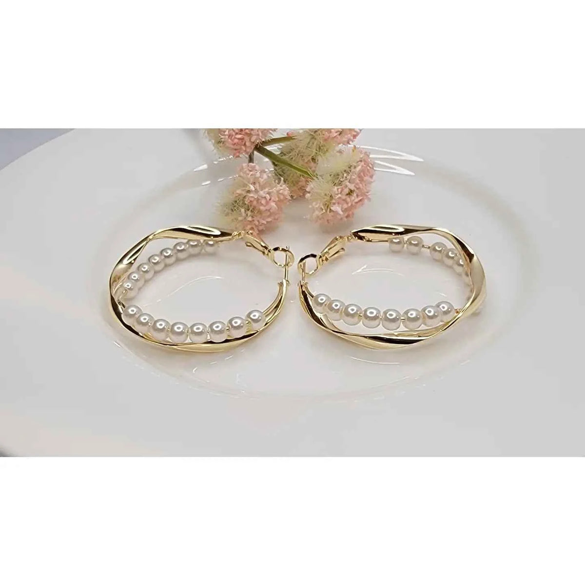 Pearl Decorated Criss Cross Gold Hoop Earrings