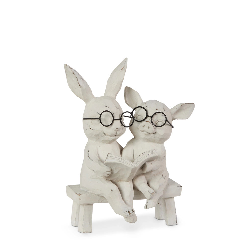 7" Reading Bunny and Pig on Bench
