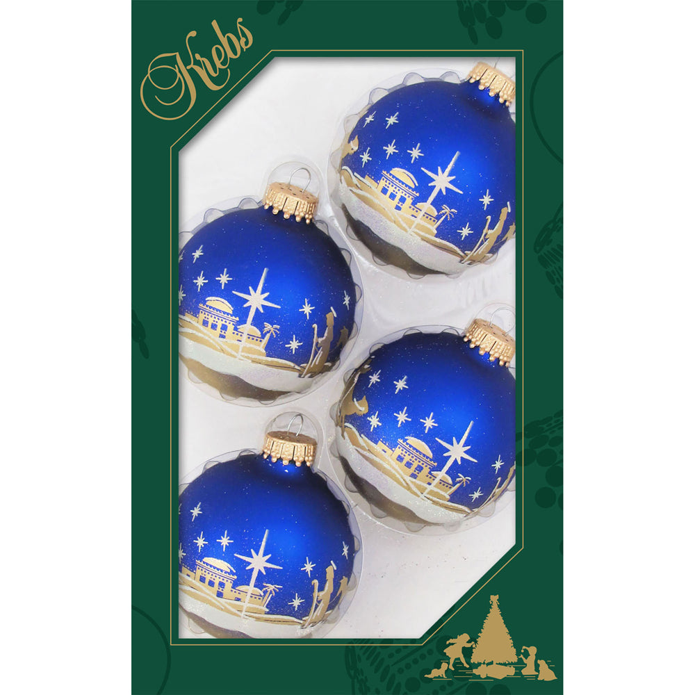 Juego de 4 bolas de cristal azul real con escena de Belén en tinta dorada/purpurina - 6,7 cm (2 5/8")