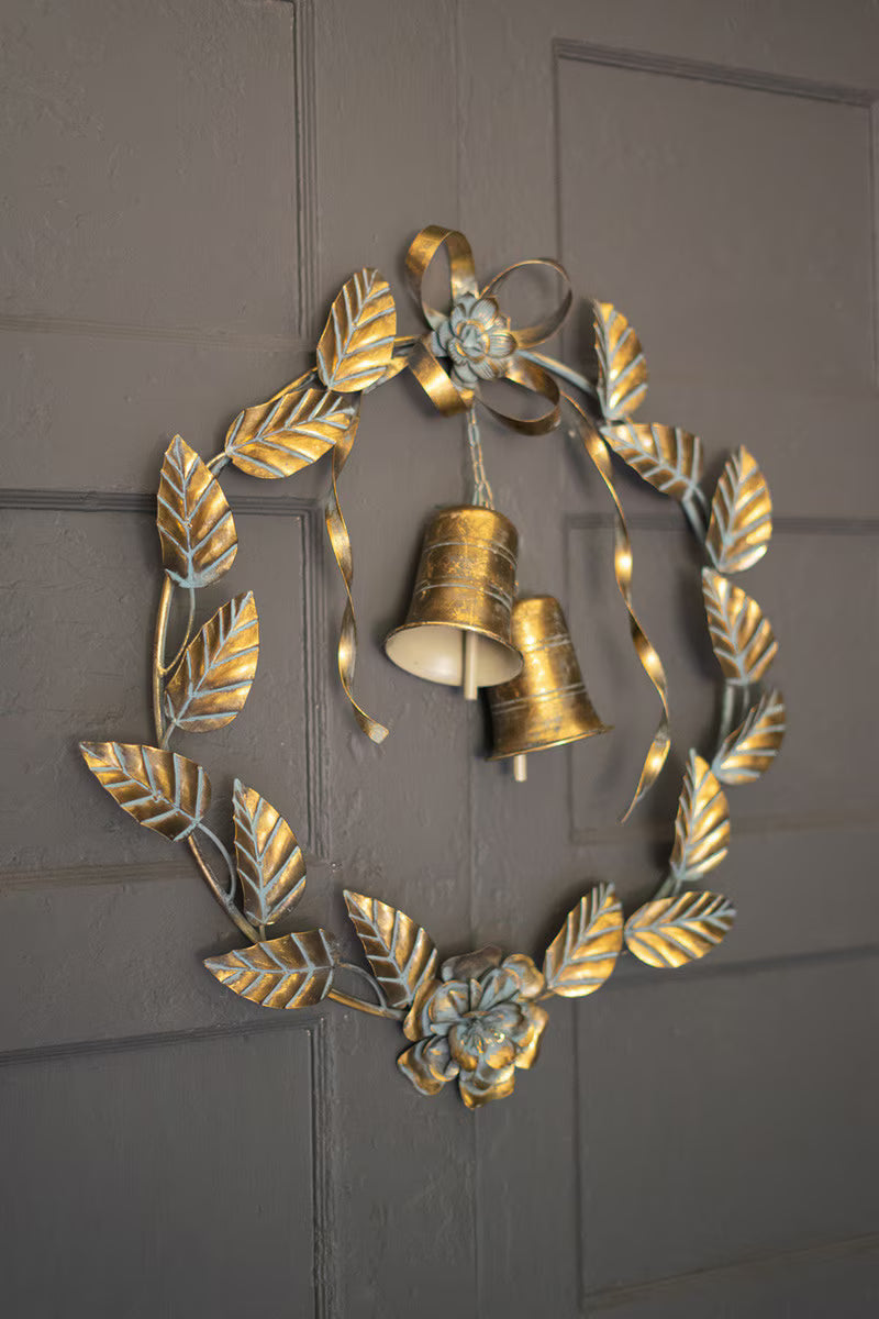 Antique Brass Christmas Wreath with Leaves and Bells