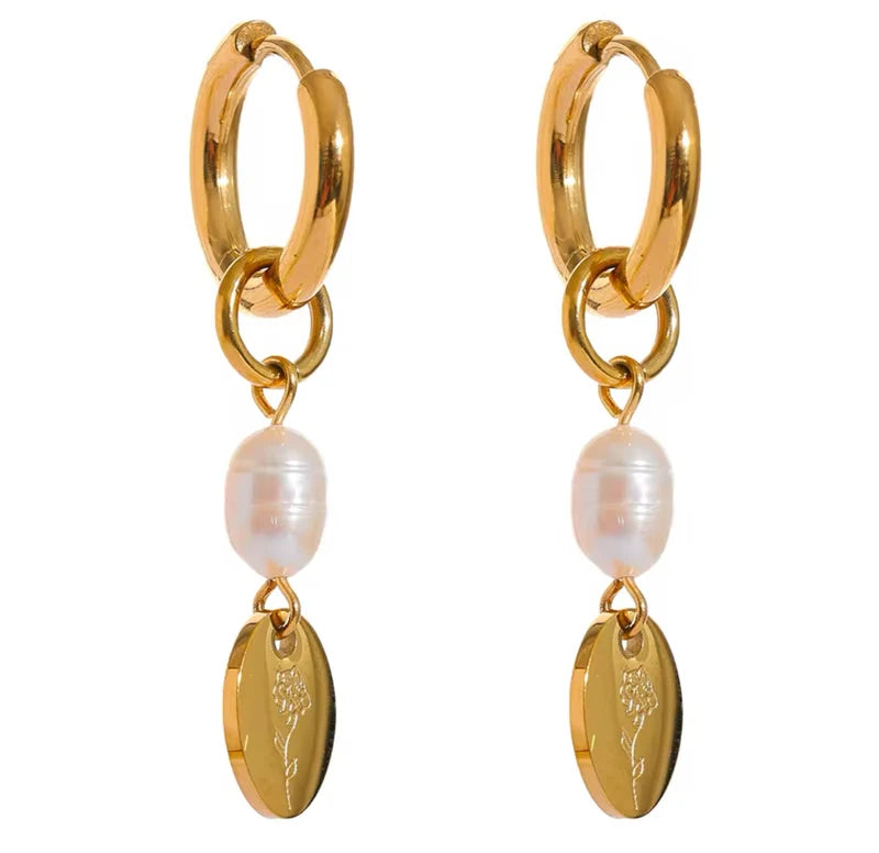 Engraved Flower + Fresh water pearl Dangle