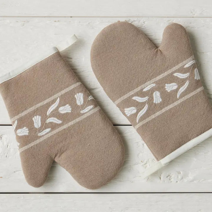 Oven Mitt, White Tulip, Set of 2