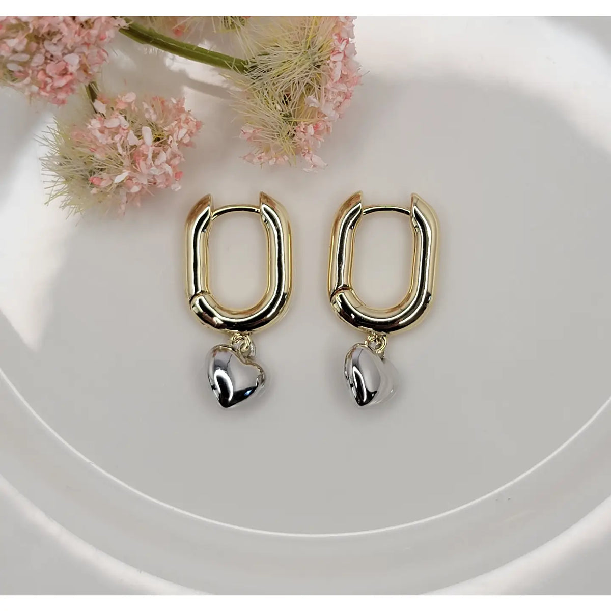 Two Tone Color Huggie with Small Heart Earrings