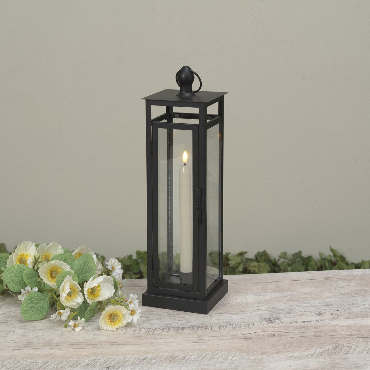 LED Lighted Black Metal & Glass Lantern w/ Candle & Timer