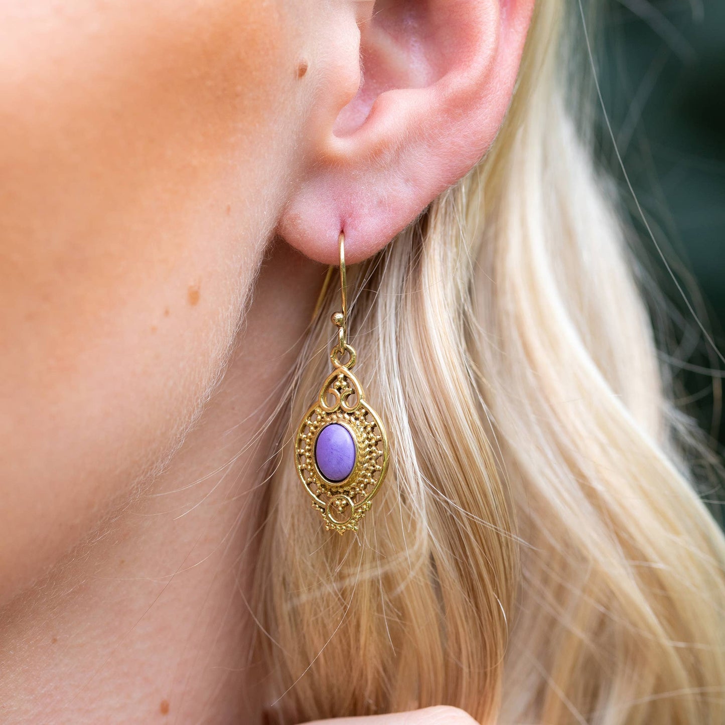 Tanvi Gold-Plated and Charoite Earrings - Ornate Oval