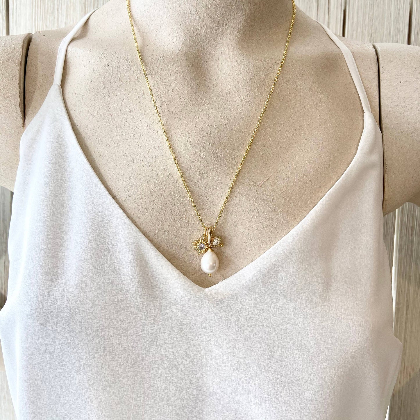 Pearl, sun, micro pave necklace ,trendy
