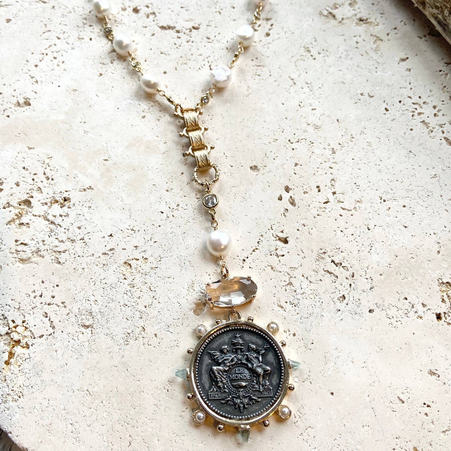 V French medallion coin horse Necklace