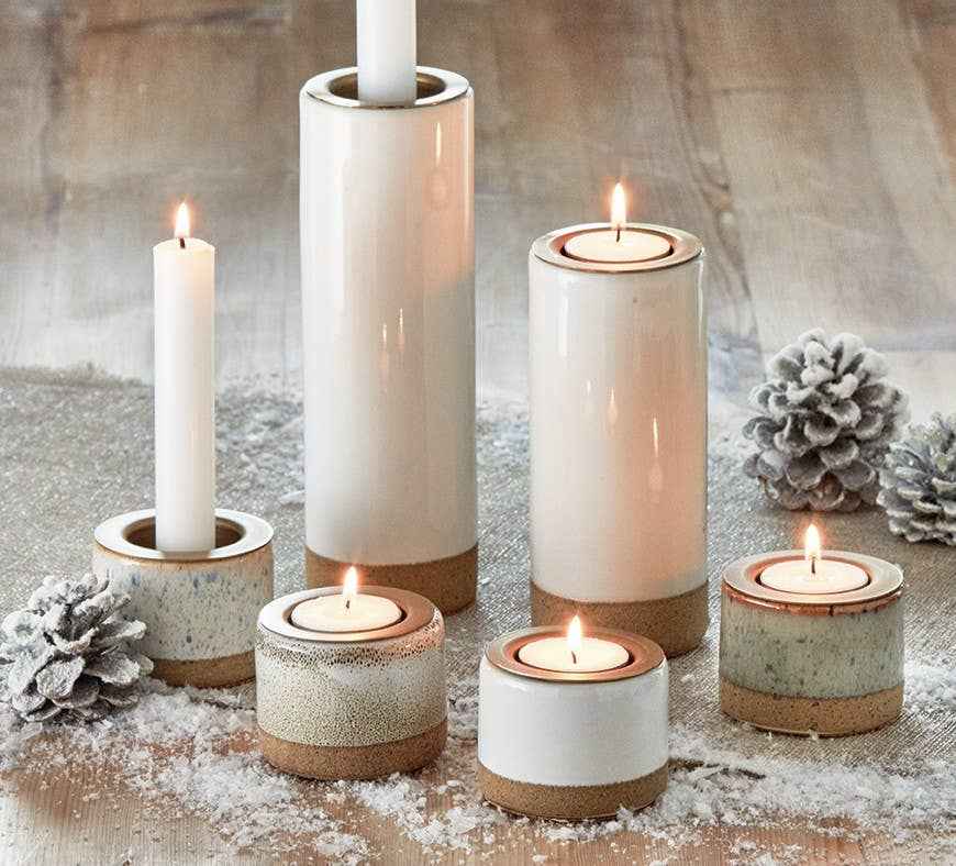 Glazed Tealight Taper Holder Cream Stoneware