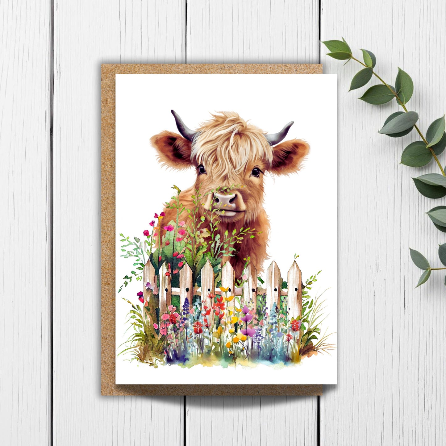 Highland Cow in Widlflowers Watercolor Greeting Card