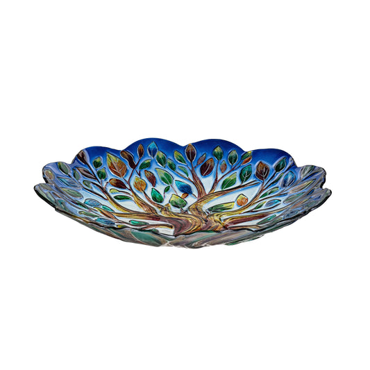 Tree of Life Hand Painted Glass Birdbath, 18"