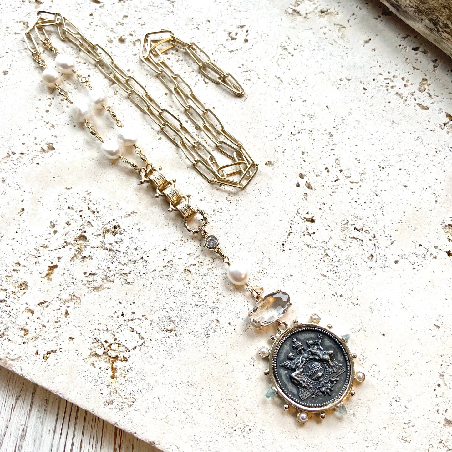 V French medallion coin horse Necklace