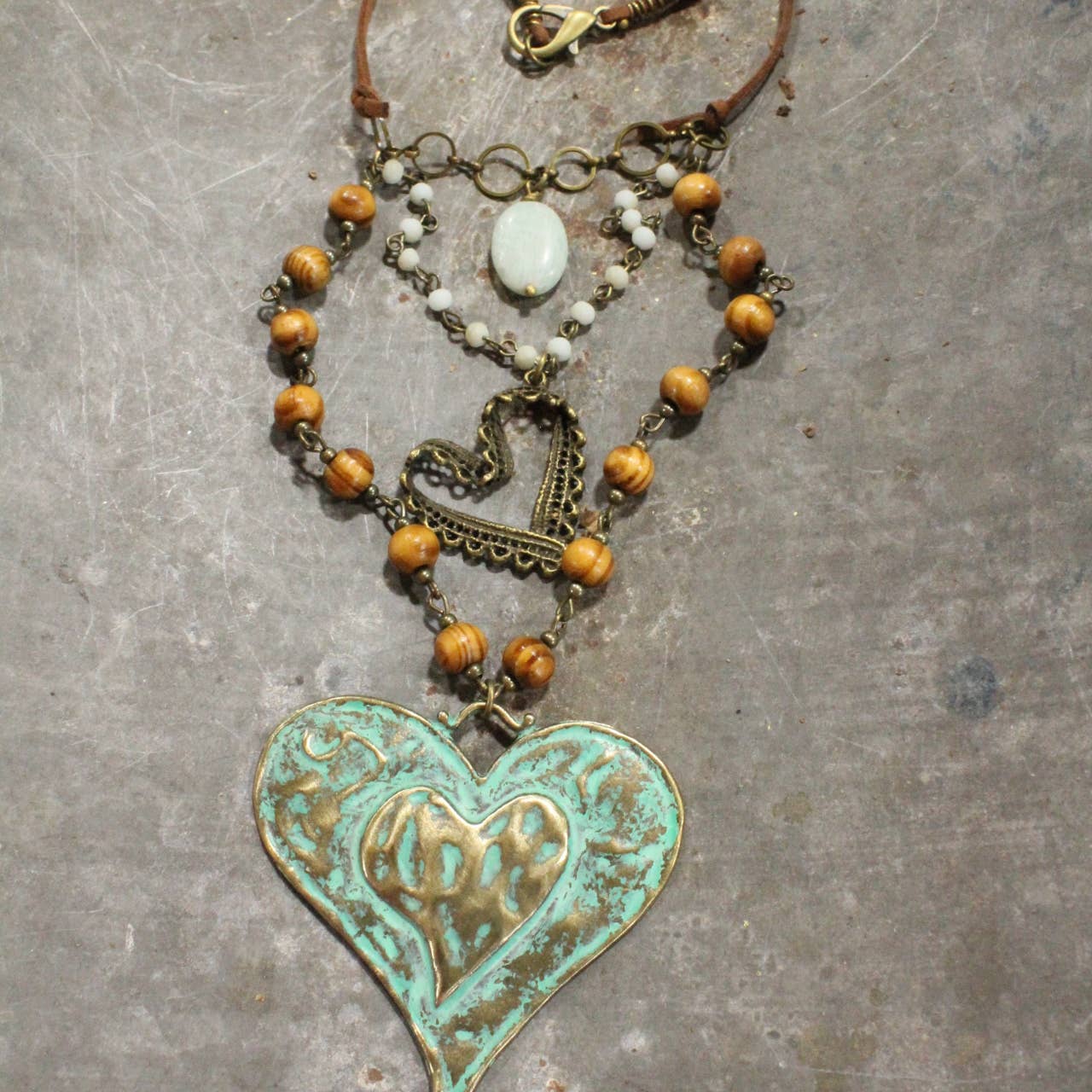 Verdigris Leather Heart Layered Necklace