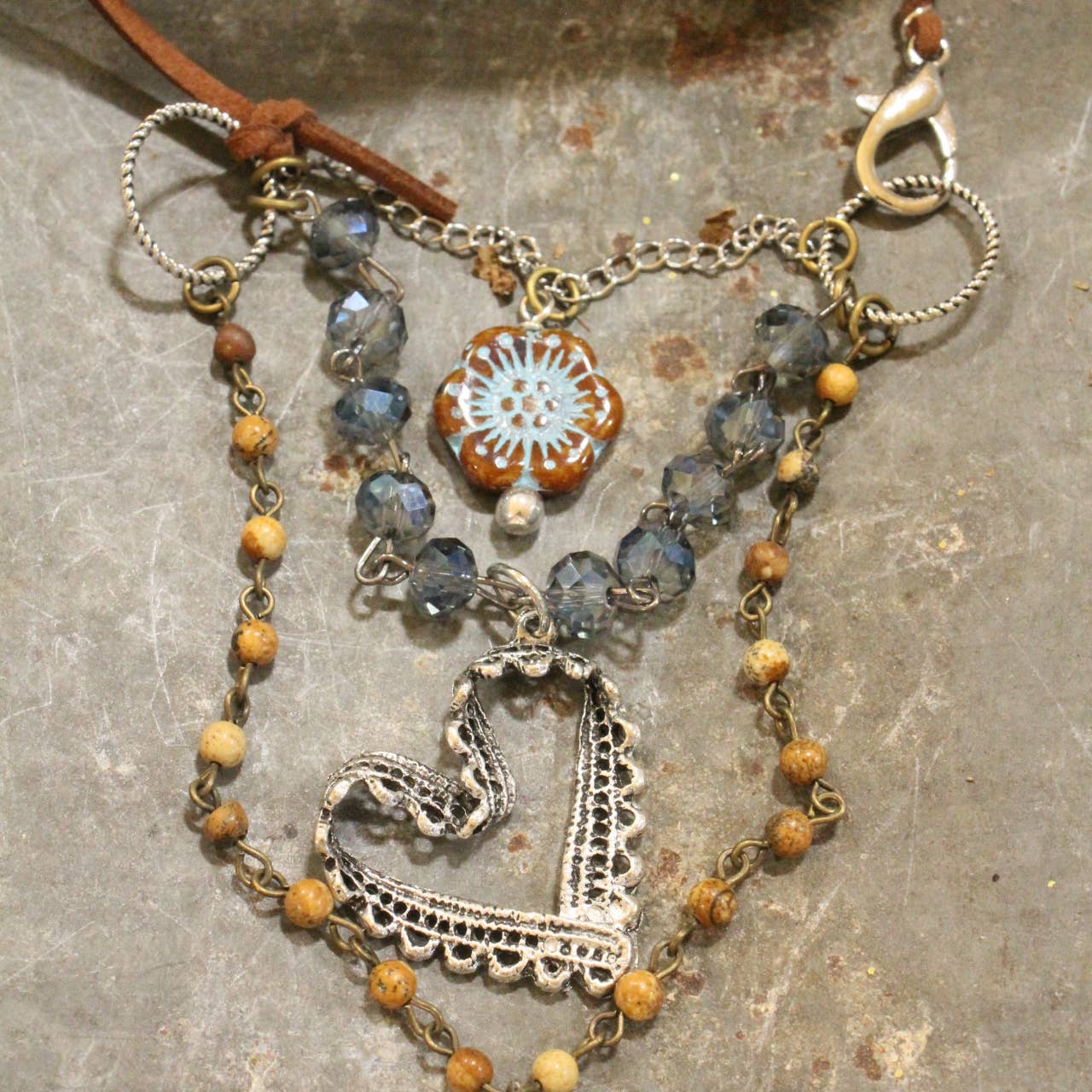 The Primitive Peddler, Inc. - Czech Flower & Leather Silver Heart Layered Necklace