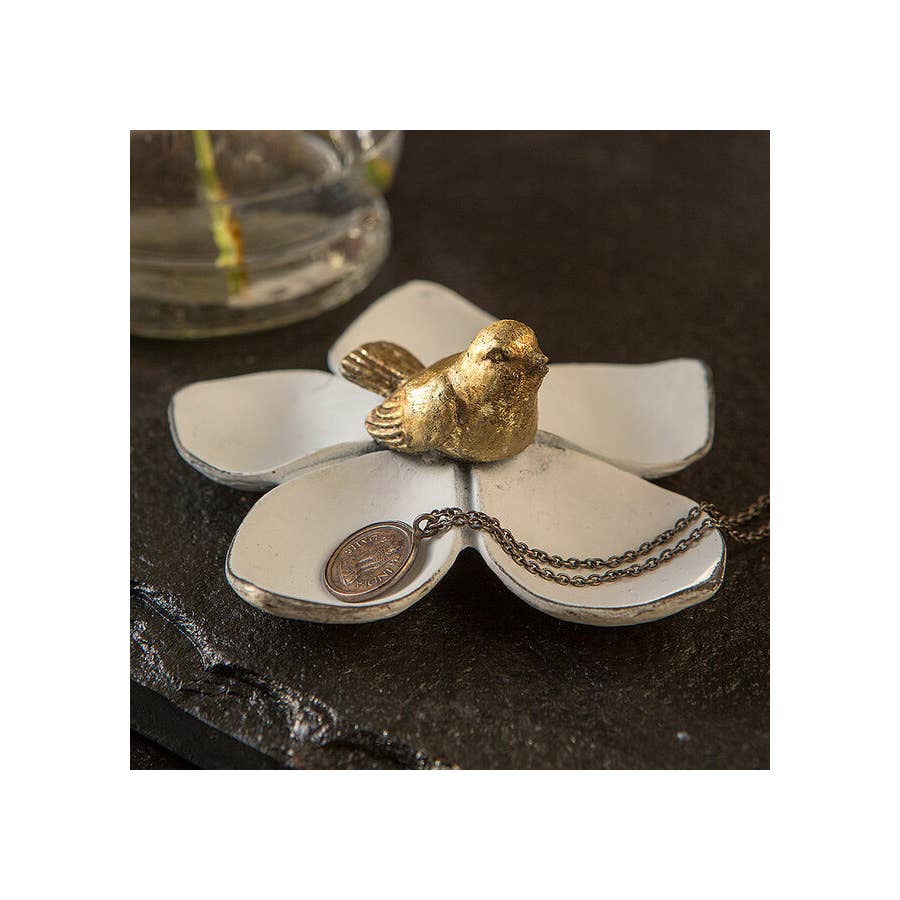 Flower Bird Trinket Dish Wht/Gld